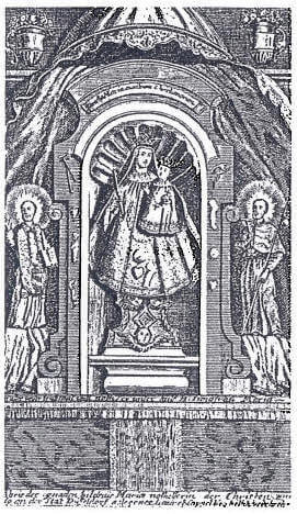 Marianische Andacht. 1730 Gnadenbild - rechts und links die Jesuitenheiligen	Ignatius und Franz Xaver